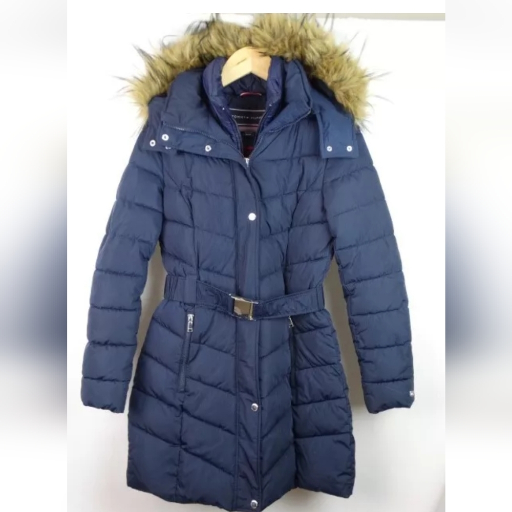 Vintage Tommy Hilfiger Navy Puffer Coat with Faux Fur Hood Woman Small Y2K